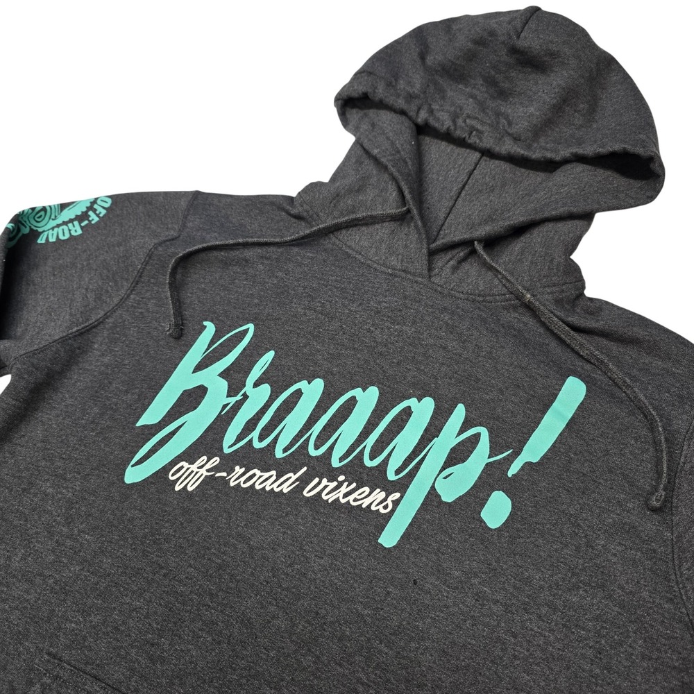 Off-Road Vixens Braaap Girls Get Dirty Too Hoodie Charcoal Gray Teal Womens M